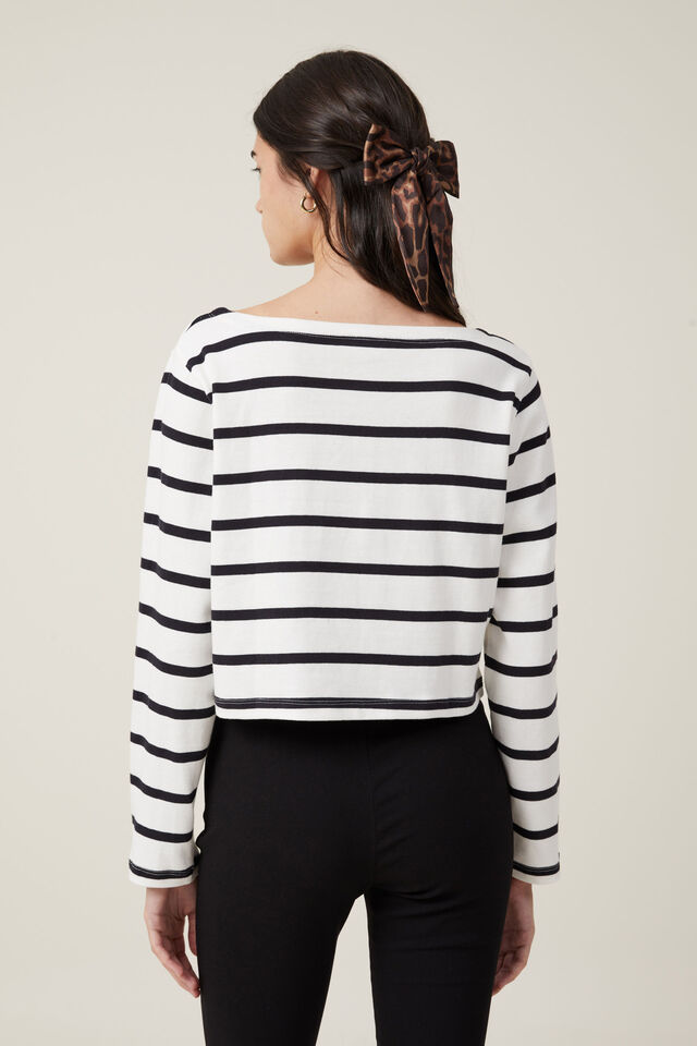 Jordyn Boat Neck Chopped Long Sleeve Top, RYAN STRIPE NATURAL WHITE/BLACK