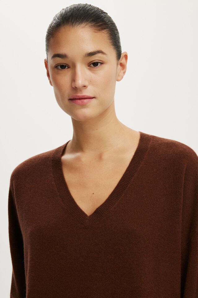 Cashmere Blend V-Neck Knit, DARK OAK