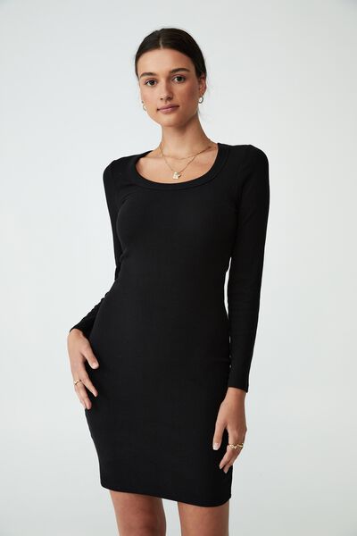 Rib Long Sleeve Mini Dress, BLACK