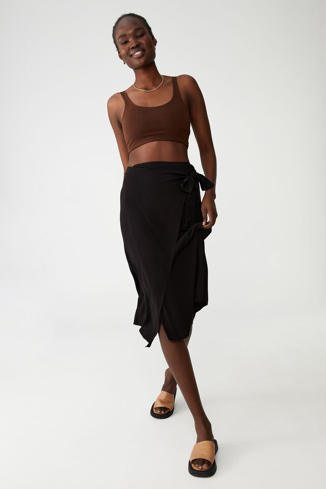 Woven Lara Wrap Midi Skirt, BLACK