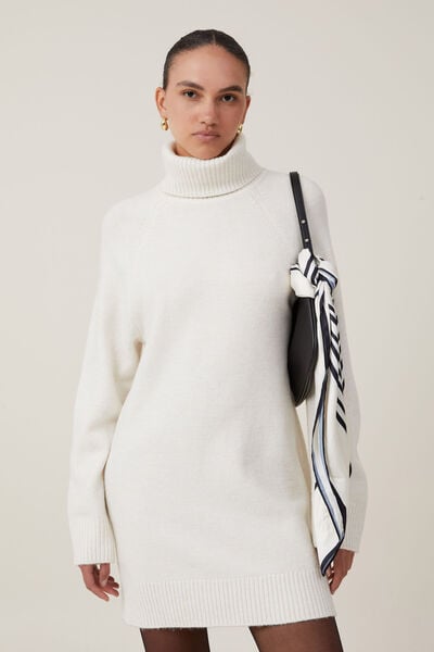 Lux Roll Neck Knit Mini Dress, WHITE