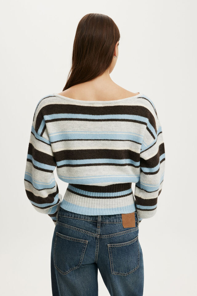 Softest Luxe Off Shoulder Knit, BLUE/GREY MARLE STRIPE