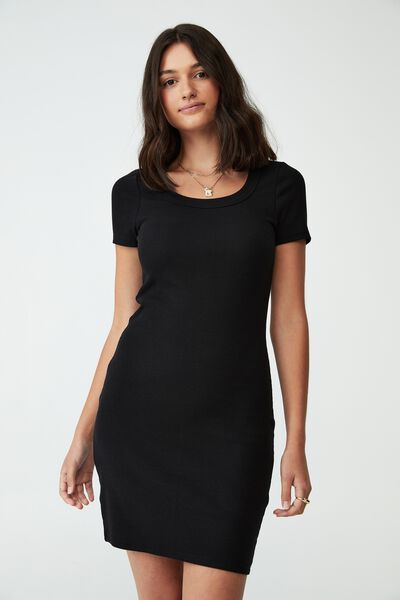Rib Short Sleeve Mini Dress, BLACK