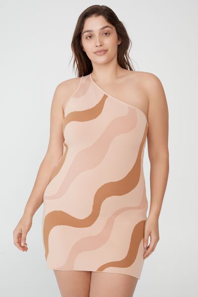 Curve Daisy One Shoulder Mini Dress, POLLY RETRO WAVE BRONZED BROWN