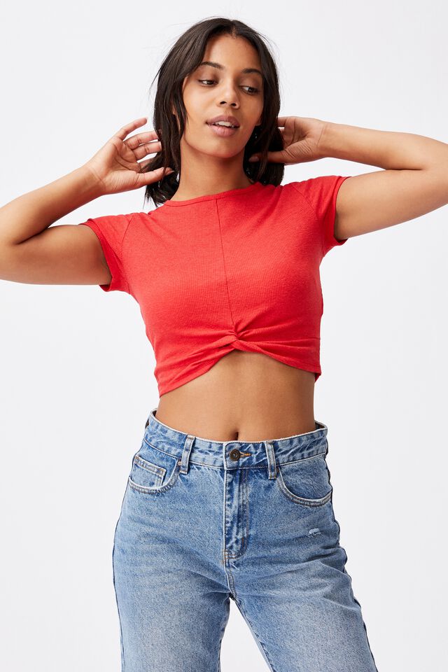 Tilly Twist Front Crew Neck Short Sleeve, LUCKY RED