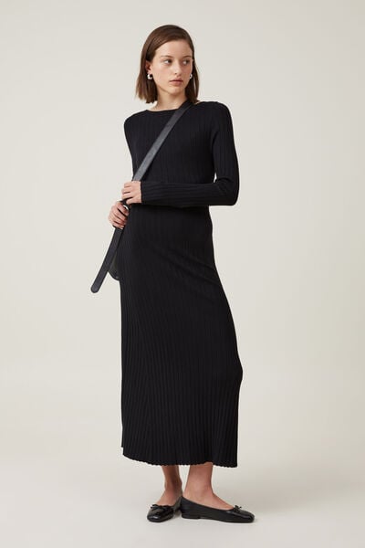 Black Sheer Knit Cut Out One Shoulder Maxi Dress