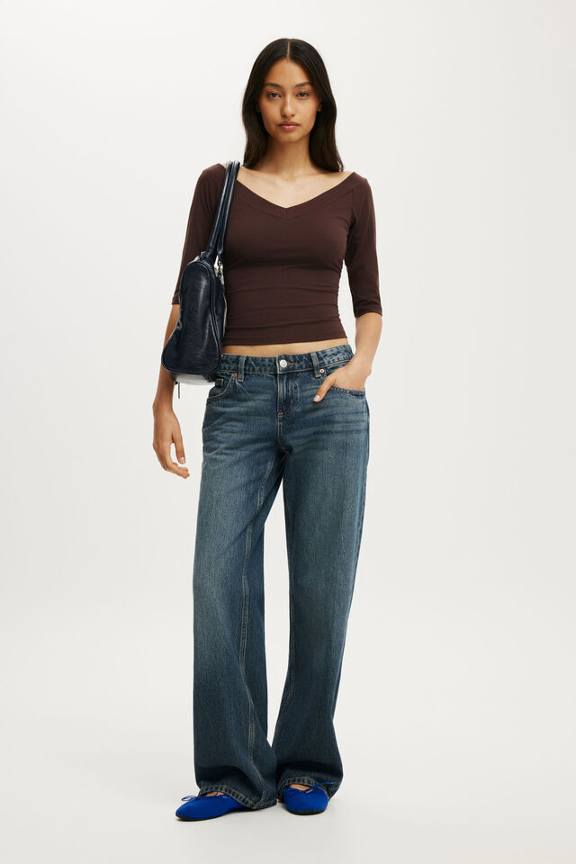 Bella Off Shoulder V Neck 3/4 Tee, DARK OAK