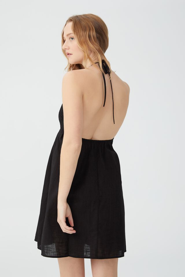 Poppy Shirred V Neck Halter Mini Dress, BLACK