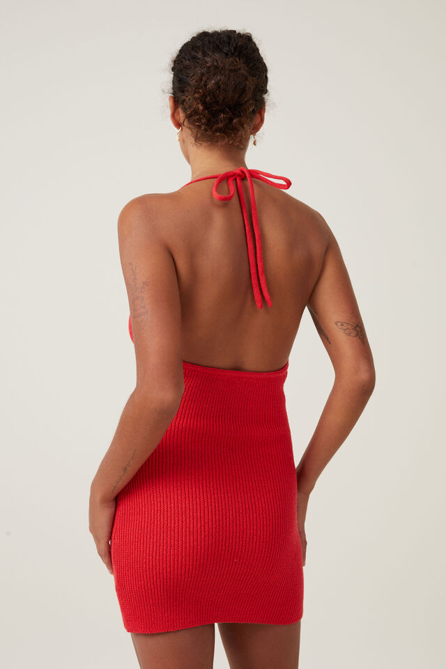 Knit Halter Mini Dress, FIERY RED