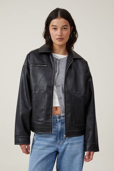 Leo Faux Leather Jacket, BLACK