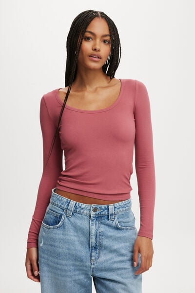 Staple Rib Scoop Neck Long Sleeve Top, SUGAR PLUM