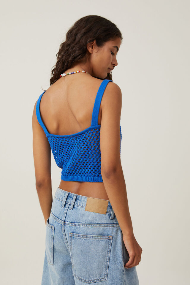 Camiseta - Crochet Mesh Short Sleeve Top, PACIFIC BLUE