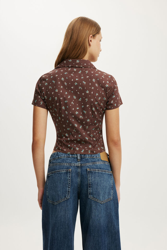 Maya Rouched Shirt, INDY PINSTRIPE DITSY DARK OAK