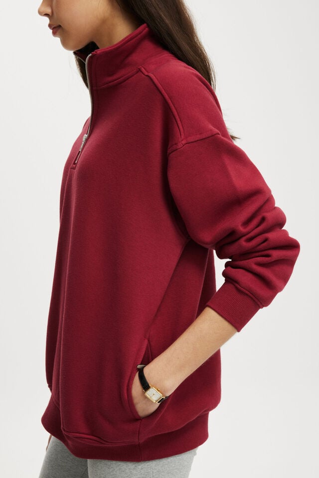 Classic Oversized Half Zip Sweatshirt, CHERRY ROUGE