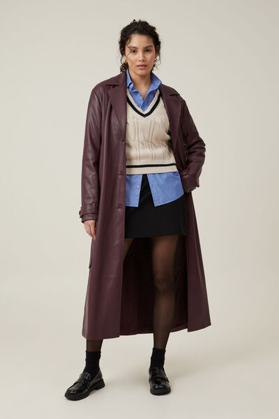 Brooklyn Faux Leather Trench Coat, BERRY