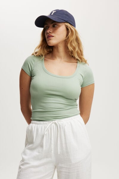 Staple Rib Scoop Neck Short Sleeve Top, SOFT JADE