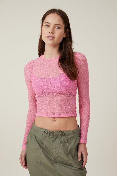 Zoey Lace Long Sleeve Top, SUNSET PINK