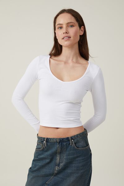 Lola Rouched Front Long Sleeve Top, WHITE