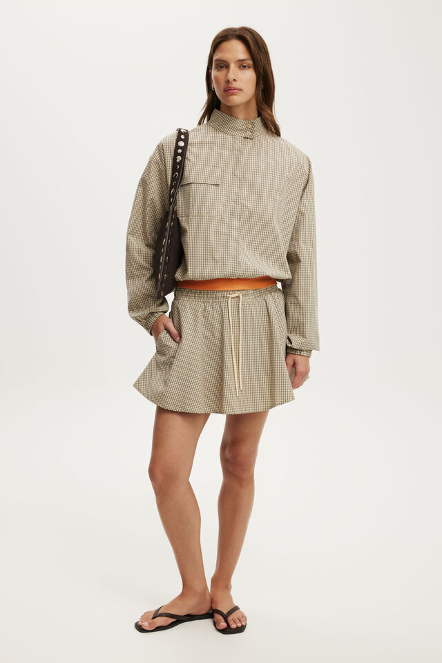 Chloe Funnel Neck Shirt, STONE MICRO CHECK