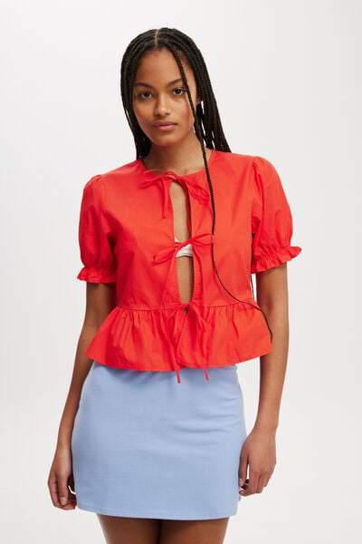 Tie Up Short Sleeve Blouse, RED