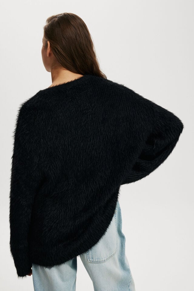 Faux Hair Rib Sweater, BLACK