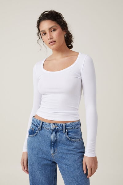 Staple Rib Scoop Neck Long Sleeve Top, WHITE II