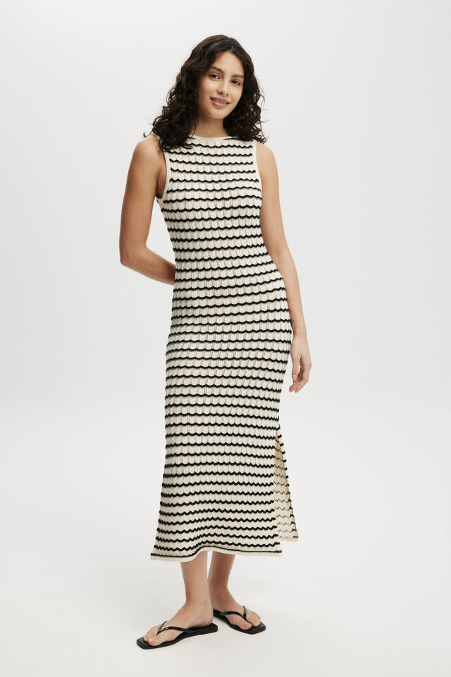 Crochet Maxi Dress, BLACK/WHITE SQUIGGLE STRIPE