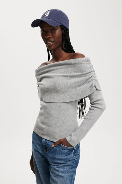 Everfine Rib Ruched Off Shoulder, GREY MARLE