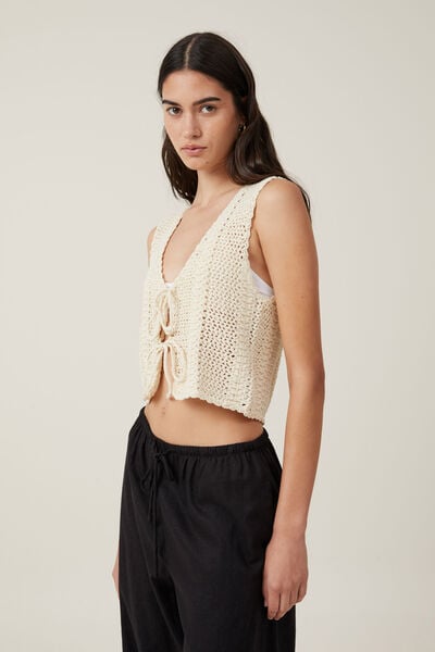 Crochet Tie Front Vest, ECRU