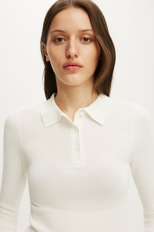 Close Knit Ls Polo, PORCELAIN