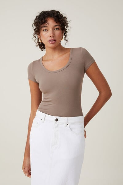 Staple Rib Scoop Neck Short Sleeve Top, RICH TAUPE II