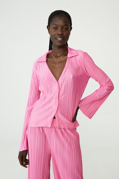 Pleated Long Sleeve Shirt, HOT PINK