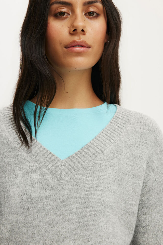 Softest Luxe Cinched V Neck Knit, MID GREY MARLE
