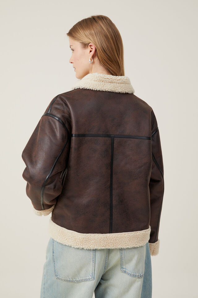 Dakota Faux Leather Jacket, BROWN/ CREAM