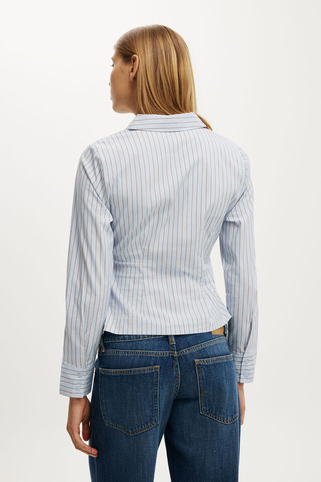Peyton Gathered Long Sleeve Shirt, BRENDA PINSTRIPE BLUE