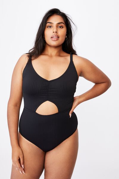 Curve Rouched Front One Piece, BLACK RIB TEXTURE
