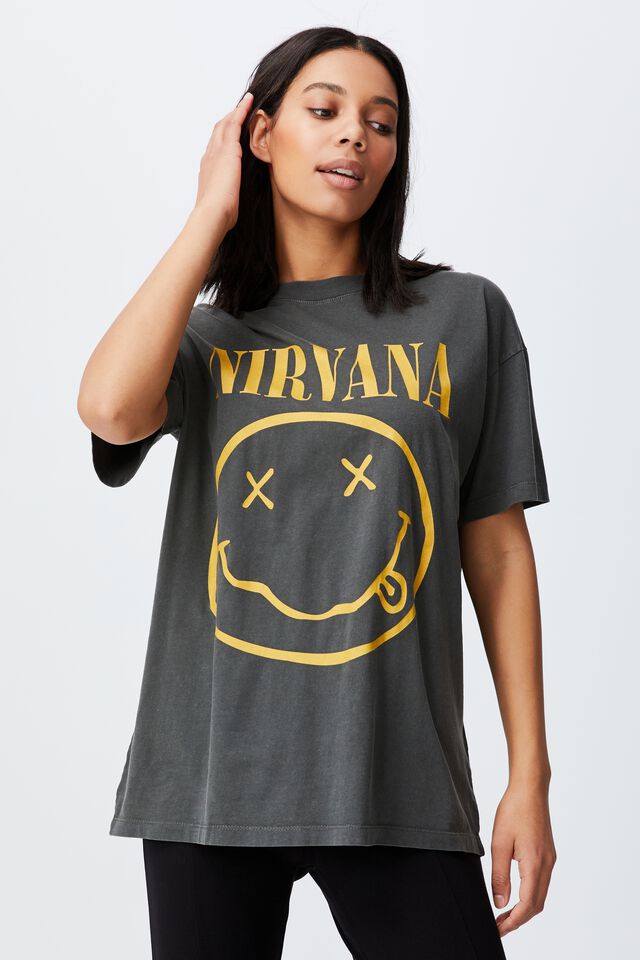 Boyfriend Fit Graphic License Tee, LCN LN NIRVANA YELLOW SMILEY WASHED/SLATE GRE