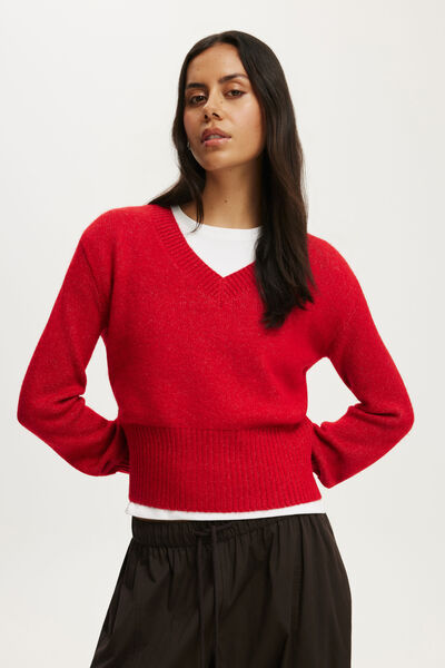 Softest Luxe Cinched V Neck Knit, RED PETAL