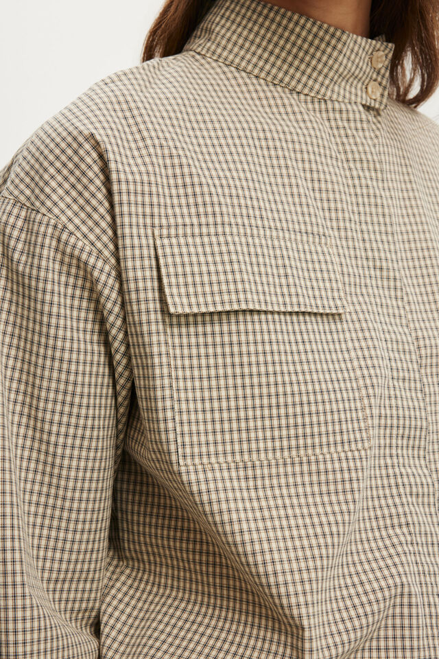 Chloe Funnel Neck Shirt, STONE MICRO CHECK