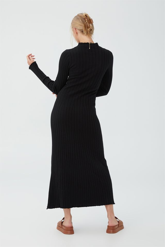 Vestido - Twist Knit Mock Neck Midi Dress, BLACK
