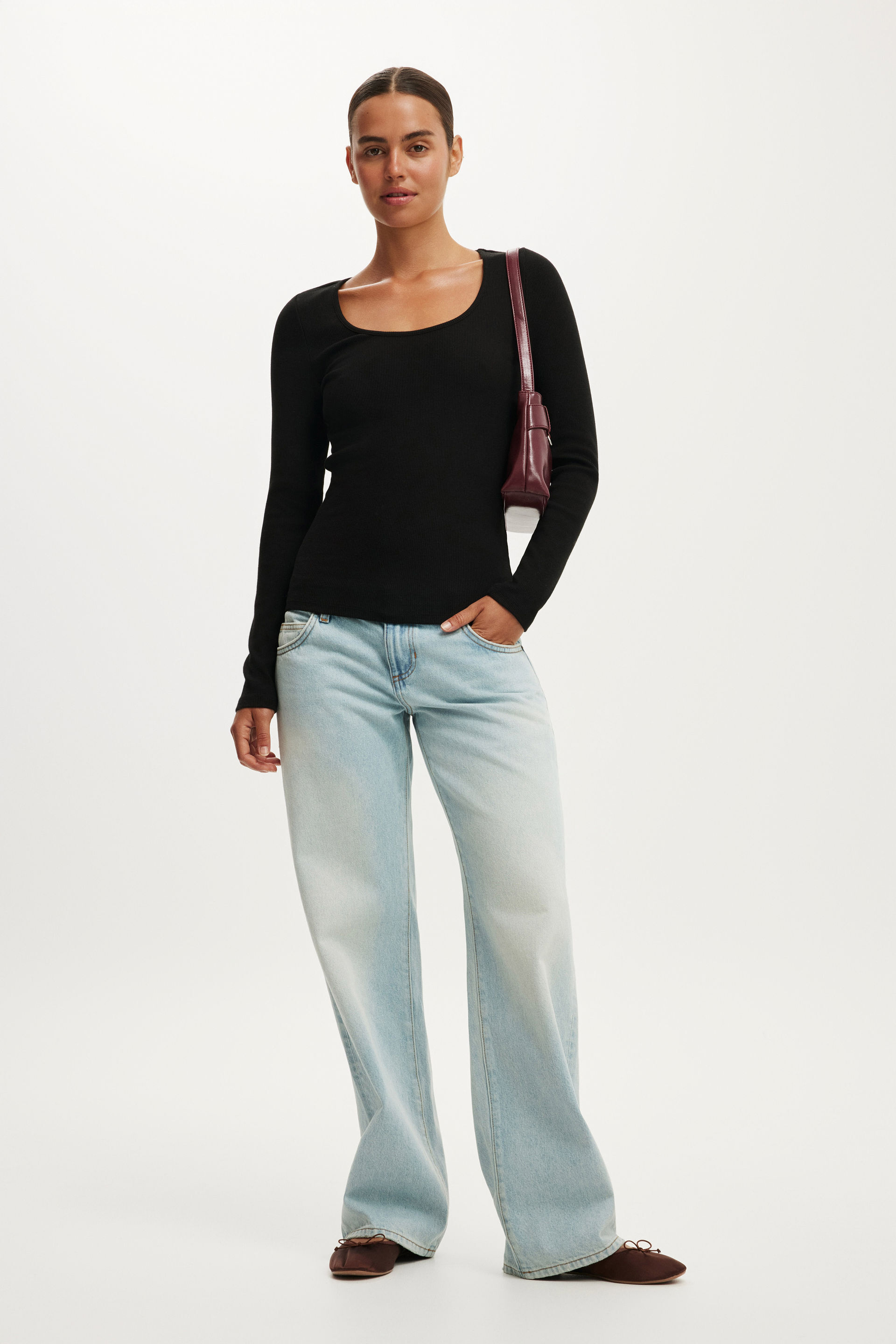 Scoop Neck Rib Long Sleeve