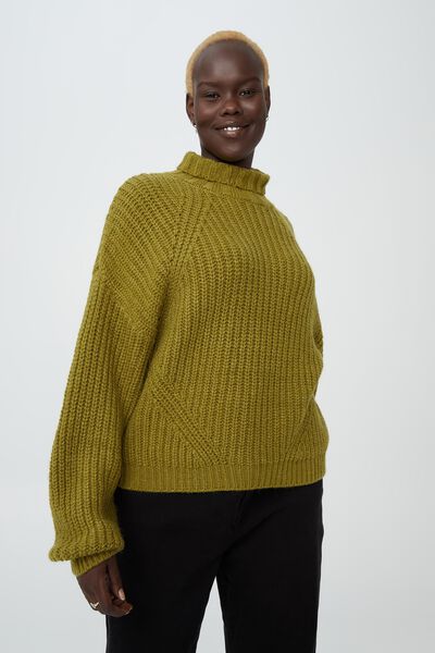 Curve Crop Textured Chunky Roll Neck, UTILITY GREEN