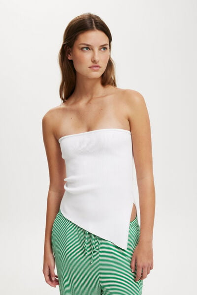 Asymmetric Rib Knit Bandeau, WHITE