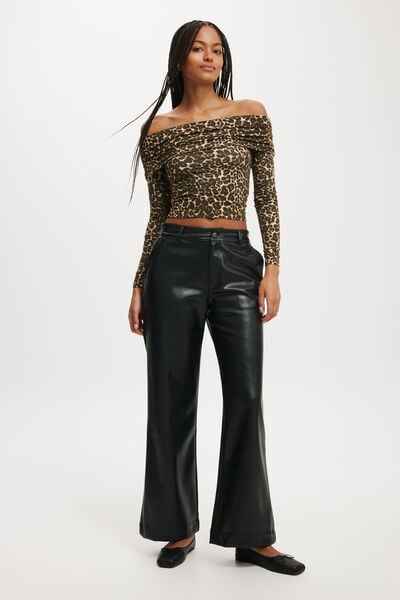 Faux Leather Wide Leg Pant, BLACK