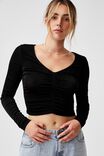 Bowie Rouched Front Long Sleeve Top, BLACK
