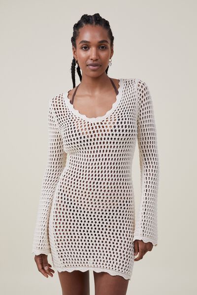 Crochet Long Sleeve Mini Dress, ECRU