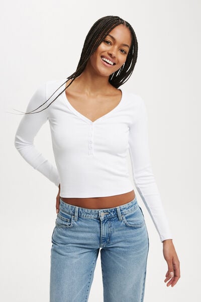 Kelsey V Front Henley Long Sleeve, WHITE