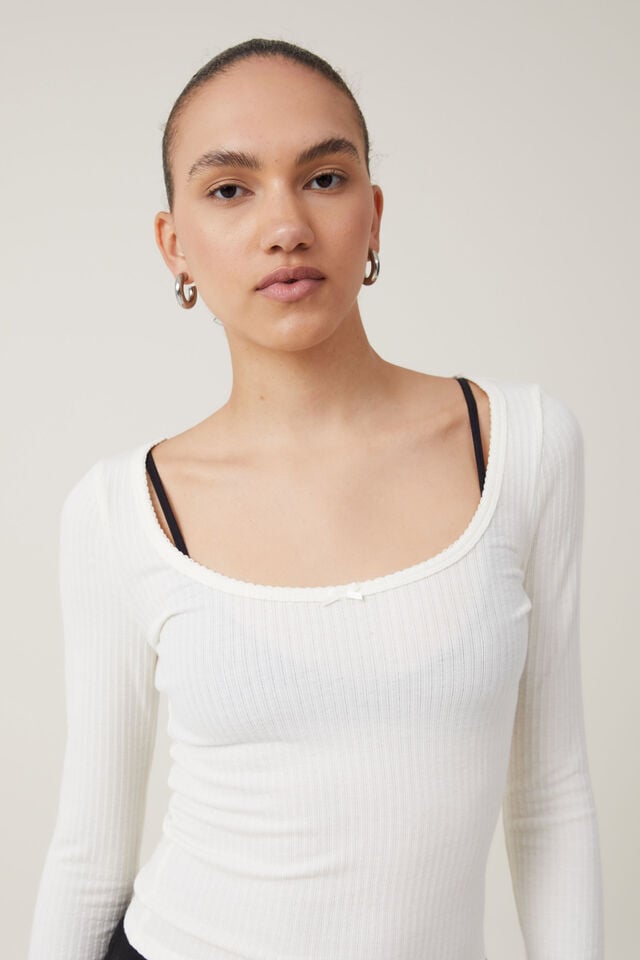 Camiseta - Heidi Picot Trim Long Sleeve Top, NATURAL WHITE