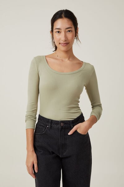 Staple Rib Scoop Neck Long Sleeve Top, DESERT SAGE II