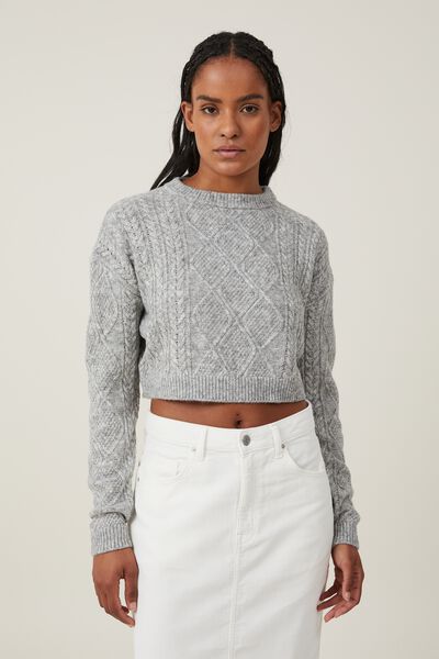 Cable Ultra Crop Pullover, GREY SHADOW MARLE